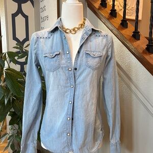 Light Blue Western / equestrian Denim embellished Button-Up Shirt 🤩